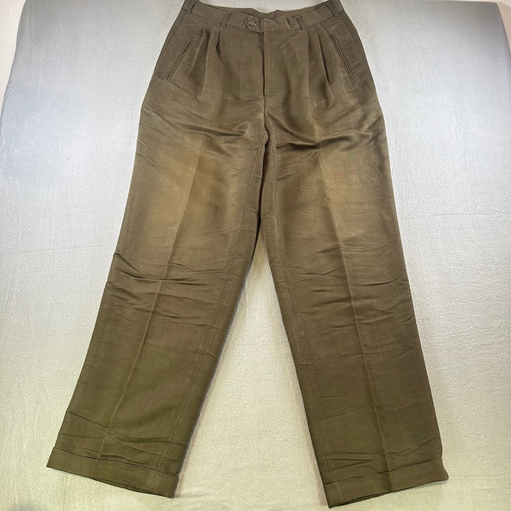J. Ferrar Men Pleated Dress Pants Olive Brown Cuffed Straight Leg Trousers 30x32